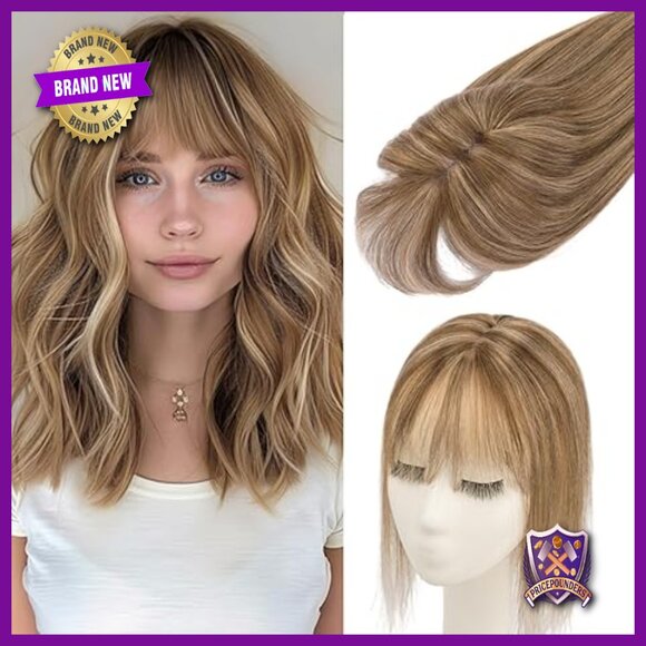 Human Hair Topper with Bangs 150% Density Lace Base for Thinning Hair
